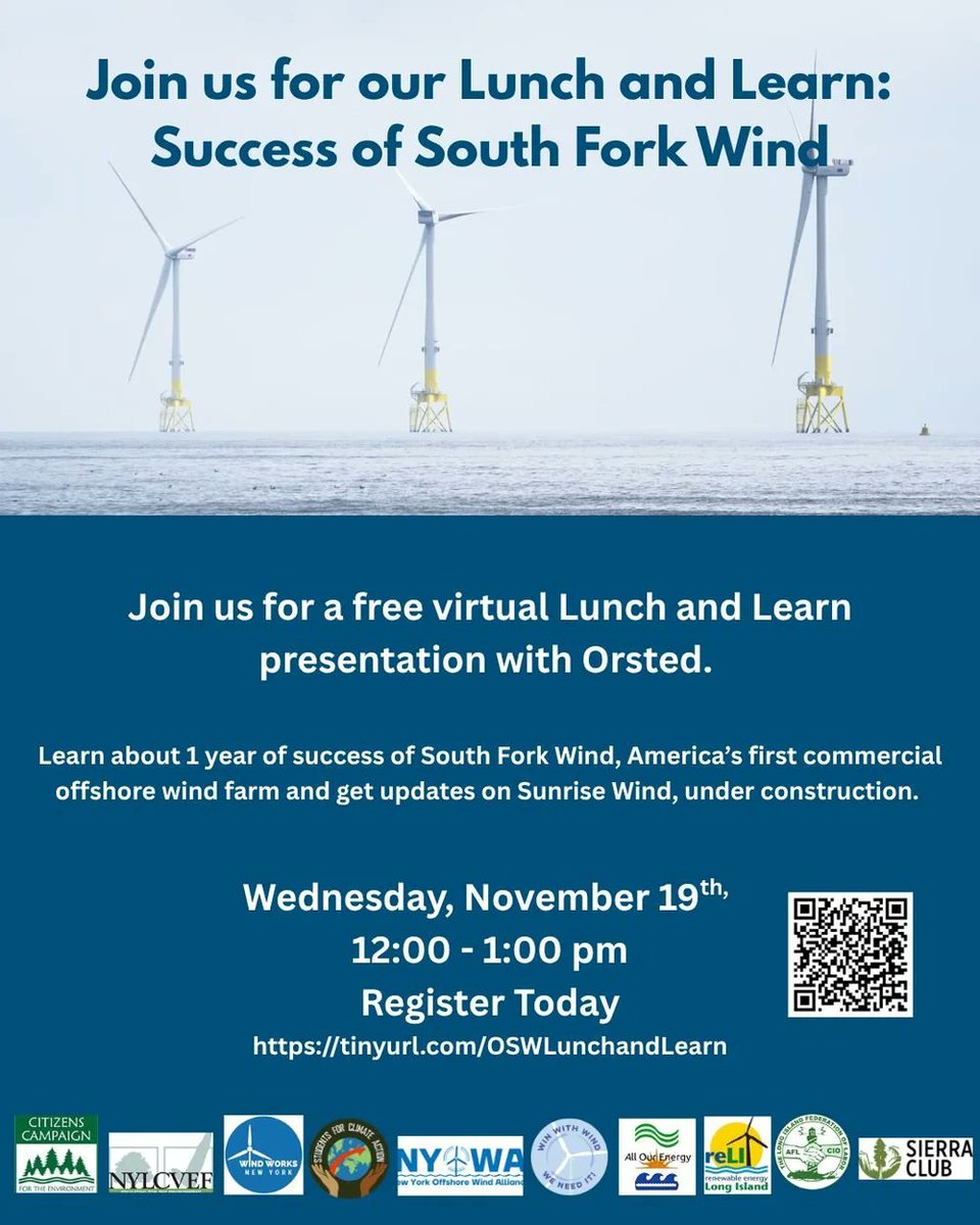 Join us for a virtual Q&amp;A with Ørsted to celebrate one year of the South Fork Wind Farm &amp; get the latest on Sunrise Wind, now under construction!
🗓 Wednesday, Nov. 19 | 12–1 PM Register now! tinyurl.com/mv7bk2wn <a href="/citizensenviro/">Citizens Campaign for the Environment</a> <a href="/nylcv/">NYLCV</a> <a href="/AllOurEnergy/">All Our Energy</a> <a href="/windworksLI/">Wind Works Long Island</a> <a href="/WinWithWIND1/">Win With Wind</a>