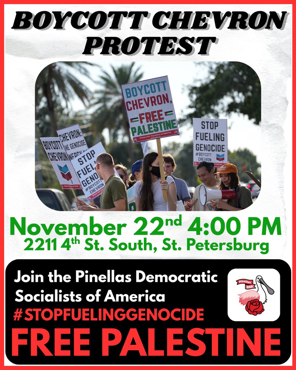 Join us on November 22 at 4:00 PM for our Chevron protest. Chevron provides a major share of power to Israel—funding and fueling genocide. Bring your flags, keffiyehs, signs, and your principles that refuse to stand for apartheid, genocide, and ethnic cleansing. 🇵🇸⛽️