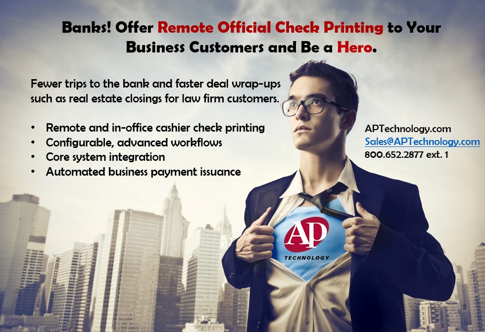 APTpay's tweet image. Automated payment issuance for #banks and #business by #APTechnology. Remote check printing helps business customers such as law firms close deal faster, even in areas with no branch locations. Our solutions work with your existing system. aptechnology.com