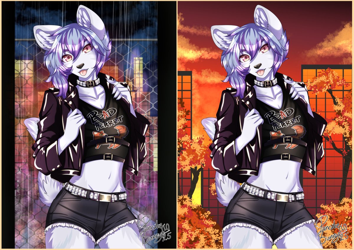 Meet Misha, my punk rocking polecat!   

I ended up saving two versions of this piece, cause I honestly can't decide which background I like more. 
What do you all think? Which is better, left or right? x3  

Art by me, PancakeBunny  

#Furry #furryartist