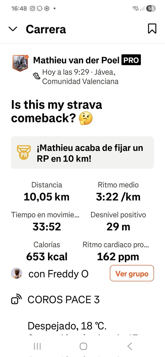 No empecemos con las frases hiperbólicas al ver ésto. VdP tiene el motor de los q hacen 26min/10km. Si sabe hacer zancada eficaz (no dar patadas al suelo) y con las "zapamuelles" actuales, ha hecho un rodaje en "alegría sin agonía". Es absurdo compararse con semejante superdotado