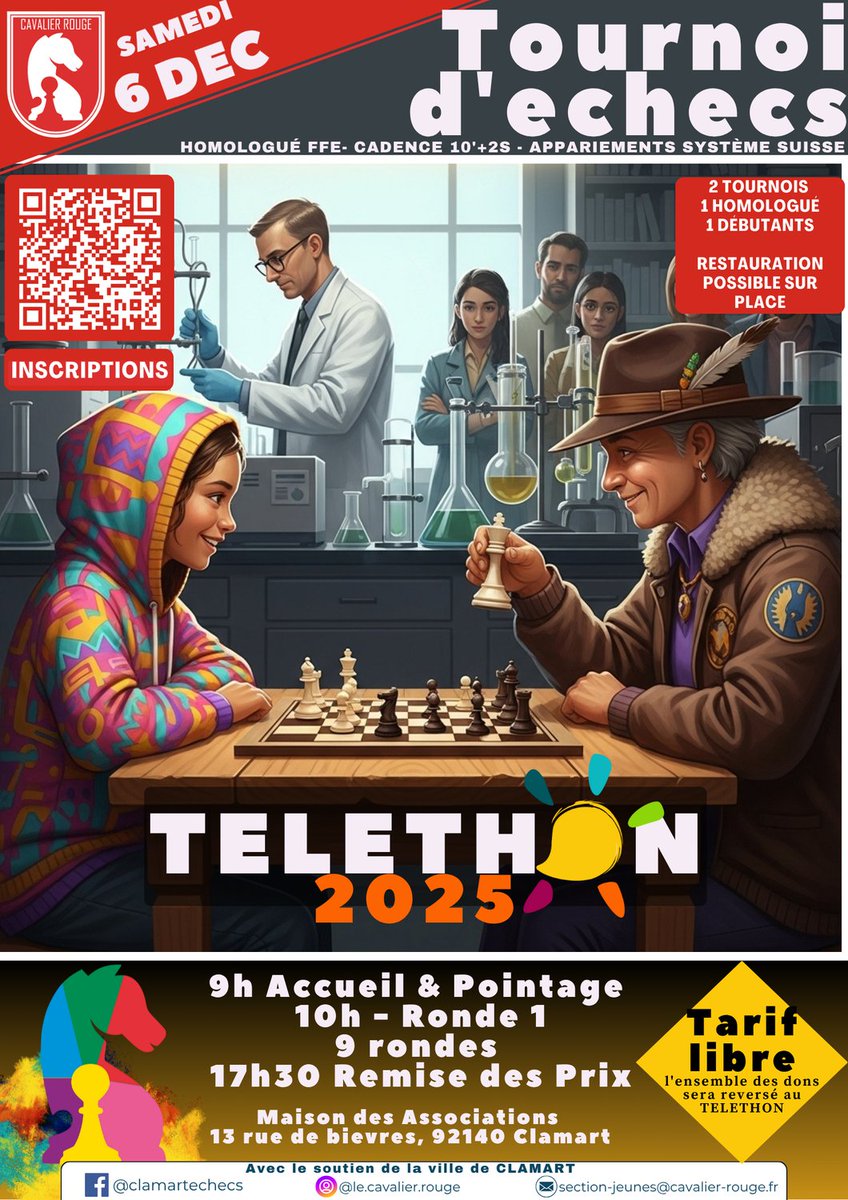 🎉 Je fais mon retour sur X… pour une bonne cause en organisant ♟️deux tournois pour le Téléthon le 6/12 
See you 
✅ Inscription : bit.ly/4p6Qzh7
💸 Dons : mapage.telethon.fr/sport/Chaque-c…
🎯 Objectif : exploser les 730 € de 2024 !
#Téléthon #Échecs #ChaqueCoupCompte #Clamart