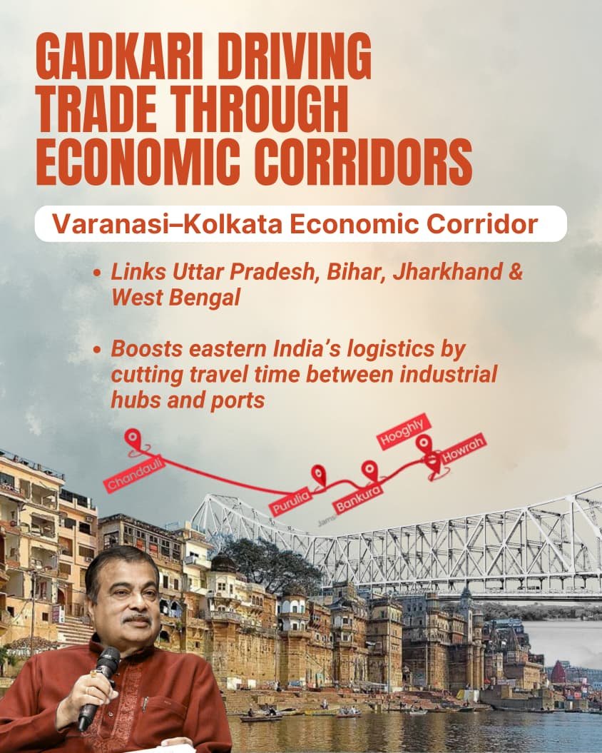 easwar_graphics's tweet image. From faster cargo movement to better regional integration, the Varanasi-Kolkata Economic Corridor reflects Nitin Gadkari’s commitment to building highways that move not just vehicles but India’s economy forward.
