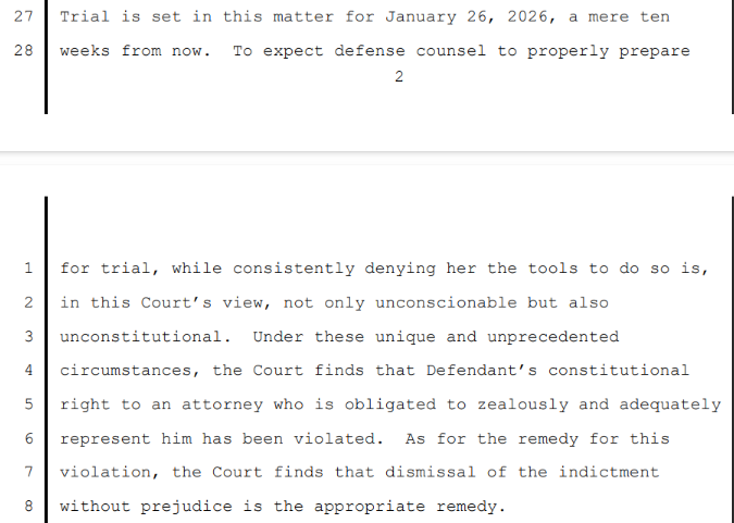 New: Hours before the govt was reopened, in what appears to be a 1st-of-its-kind decision, a Calif federal judge to threw out a criminal indictment, after finding the months-long lapse in judiciary funding for court-appointed lawyers was unconstitutional. news.bloomberglaw.com/us-law-week/ju…