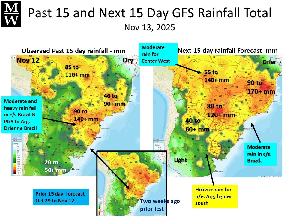 Brazil - Center West region would be dry for next 7 days with return of light moisture stress. Showers are forecast to return in week 2 before losses become unrecoverable for soybean. #Brazil #soybean #weatherforecast #weather #CenterWest