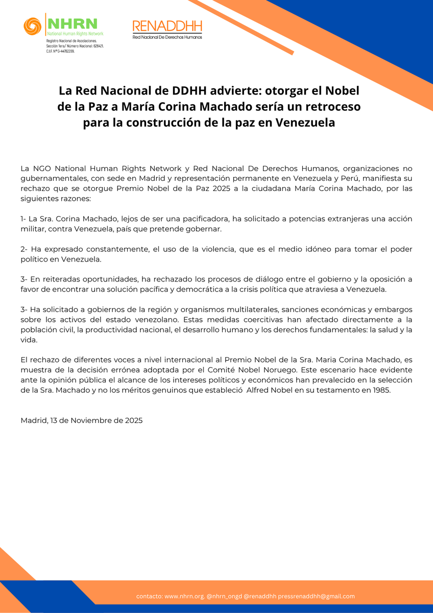 🚨#Comunicado #Venezuela 
<a href="/NoruegaenCOL/">Noruega en Colombia</a> 
<a href="/NoruegaenEspana/">Embajada de Noruega en Madrid</a> 
<a href="/NoruegaEnChile/">Noruega en Chile</a> 
<a href="/NoruegaMexCA/">Noruega en MX y CA</a> 
<a href="/NoruegaenARG/">Noruega en Argentina</a> 
@nobelpeacecenter
@nobelpeacecenter
<a href="/PazDdhh/">Observatorio de Paz y DDHH Corporación Compromiso</a> 
<a href="/FondoNoruego_es/">Fondo Noruego en español</a> 
#NobelPeacePrize
<a href="/ONUVENuevaYork/">🇻🇪🇺🇳Mission of Venezuela to the United Nations</a> 
<a href="/onuvenezuela/">ONU Venezuela</a> 
<a href="/ONUVEGinebra/">Misión Permanente de Venezuela en Ginebra</a> 
<a href="/AnibalGarzon/">Aníbal Garzón 🌎</a> 
<a href="/EFEnoticias/">EFE Noticias</a> 
<a href="/europapress/">Europa Press</a>