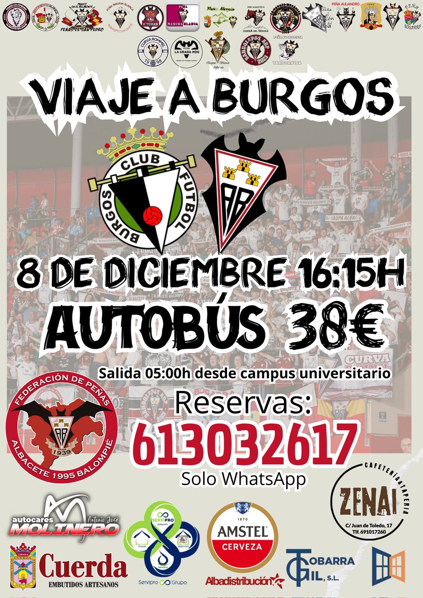 Acompaña al Alba <a href="/albacetebp/">Albacete Balompié</a> a Burgos por 38€ en bus ida y vuelta. PLAZAS LIMITADAS!!
Recuerda que puedes escribirnos por Whasapp 
Gracias a nuestros patrocinadores:
@zenai_cafeteria_taperia @tobarra_gil
@albadistribucion @serviprogrupo
@embutidoscuerda@autocares_molinero