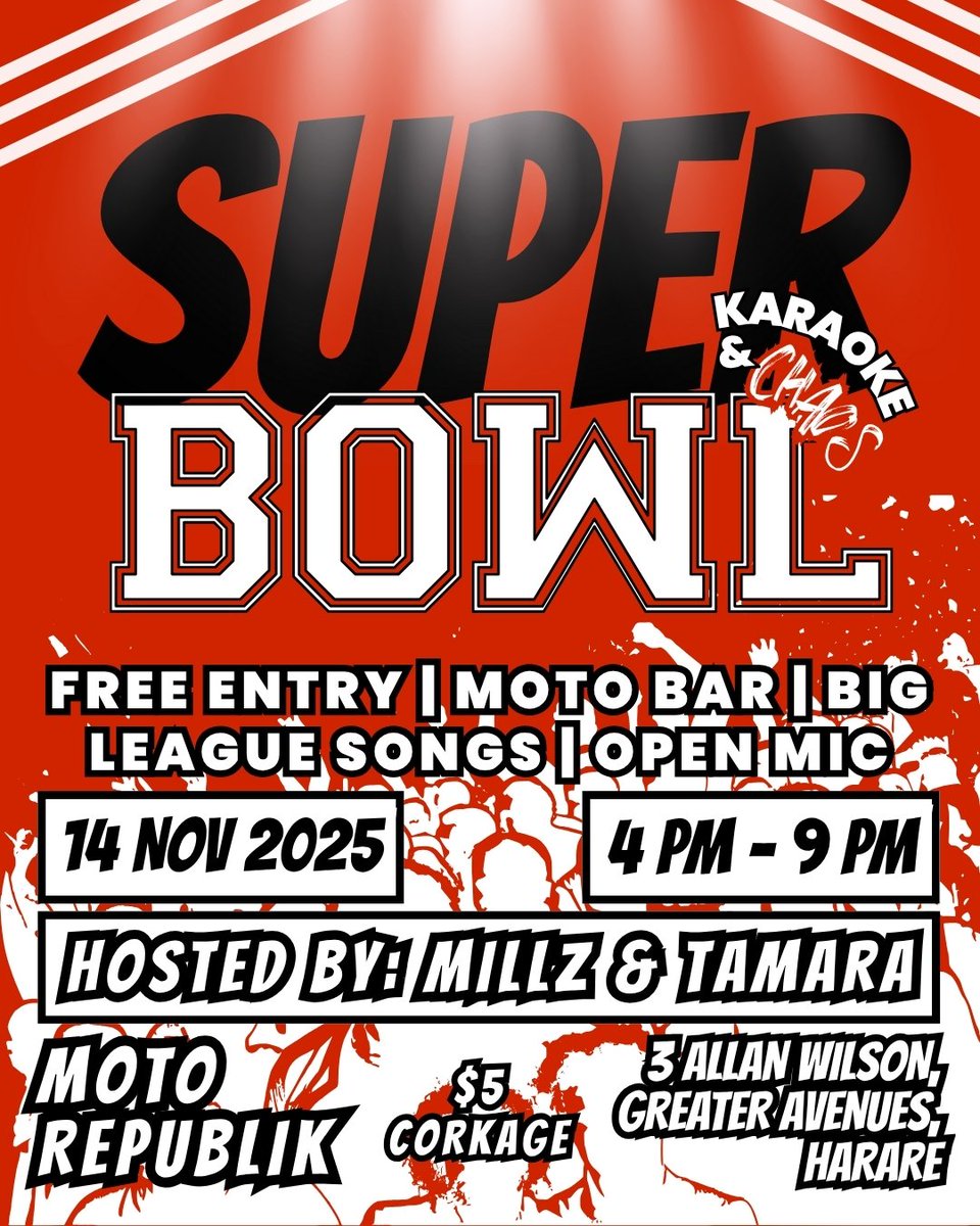 🏆🎤 SUPER BOWL meets Karaoke &amp; Chaos!
Join us at <a href="/MotoRepublik/">Moto Republik</a> for open mic madness, big tunes &amp; good vibes.
📅 14 Nov | ⏰ 4–9PM | 💸 $5 corkage
Hosted by Millz &amp; Tamara