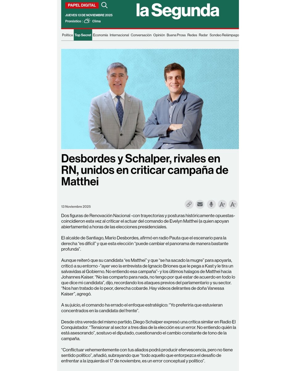 📰 Golpe a Matthei a sólo horas de la elección presidencial

🔴 Mario Desbordes y Diego Schalper, rivales en Renovación Nacional, unidos en criticar campaña de Evelyn Matthei