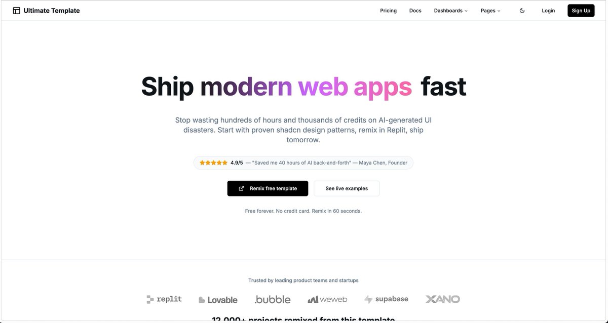 WillLovesNoCode's tweet image. Most founders waste days wiring up the same boilerplate every time they start a new app in @Replit. New project. Same stack. Same slog to craft UX/UI that still looks AI generated (Sorry @Claude, I love you, but it&apos;s not a compliment).  

This template ends all that.

Fork it in…