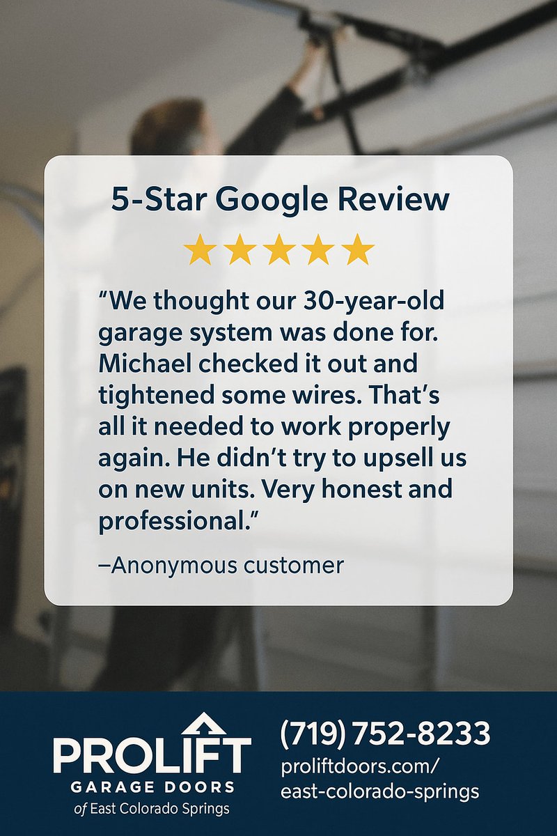 ProLiftDoorsCOS's tweet image. “We thought our **30‑year‑old garage system was done for. Michael checked it out and tightened some wires. That’s all it needed to work properly again. He didn’t try to upsell us on new units. Very honest and professional.”

⭐ ⭐ ⭐ ⭐ ⭐

#5StarReview #CustomerHighlight