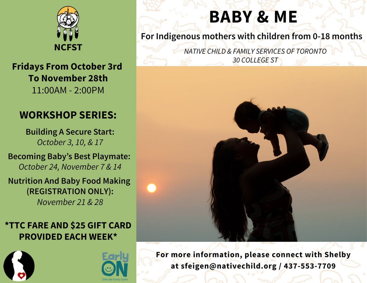 Baby &amp; Me is a program being offered at our 30 College EarlyON for Indigenous (FNIM) families with children 0-18 months old. If you have any questions, please contact the program staff listed at the bottom of the flyer.

@30college_EarlyON