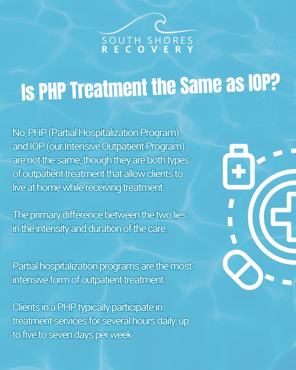 SoShoreRecovery's tweet photo. Is PHP Treatment the Same as IOP?

No, PHP (Partial Hospitalization Program) and IOP (our Intensive Outpatient Program) are not the same, though they are both types of outpatient treatment that allow clients to live at home while receiving treatment. https://t.co/UEEiLvgIvm
