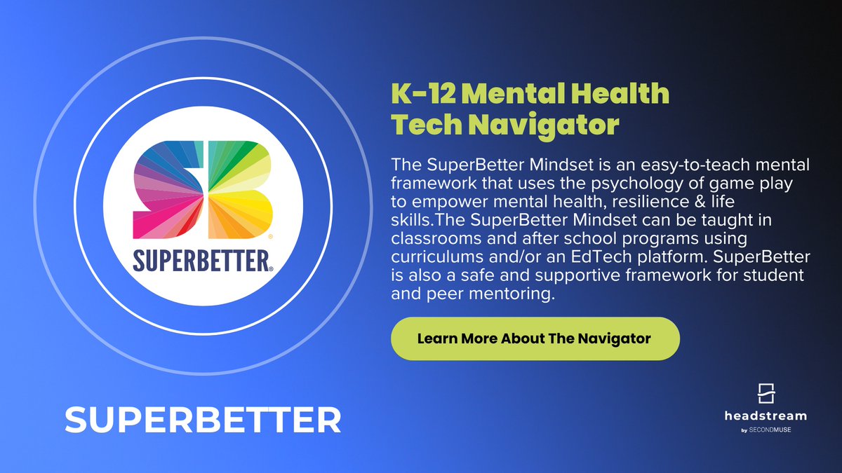 SuperBetter's tweet image. The K-12 Mental Health Tech Navigator is a free resource to help school leaders find trusted mental health &amp;amp; well-being resources.

SuperBetter is among the featured programs. ⚡️

Learn about our #proactive classroom model:
k12mentalhealthtech.org/product/superb…