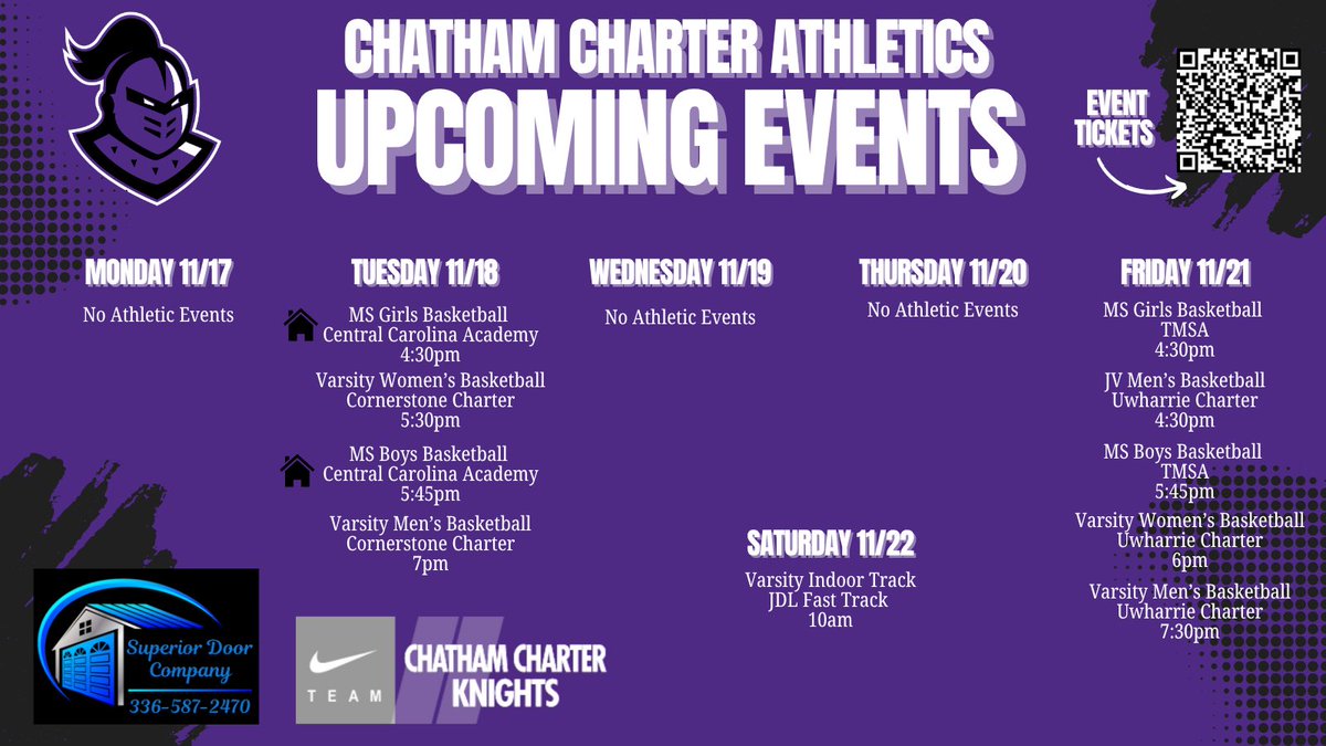 Check out the athletic events we have coming up next week! Our first middle school games will be on Tuesday, at home! JV and Varsity Basketball will travel away next week! Indoor Track has their first meet next week as well! Let’s go Knights! ⚔️