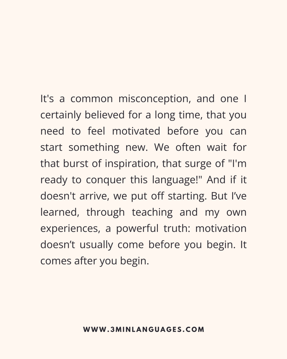 3MLanguages's tweet image. Motivation follows action.
 Start → momentum → motivation.
 👉 Do 3 minutes now: 3minlanguages.com

#3MinuteLanguages #StudyIn3 #LanguageLearning #MicroLearning #Consistency #LearnFrench #LearnSpanish #LearnGerman #LearnItalian #LearnPortuguese