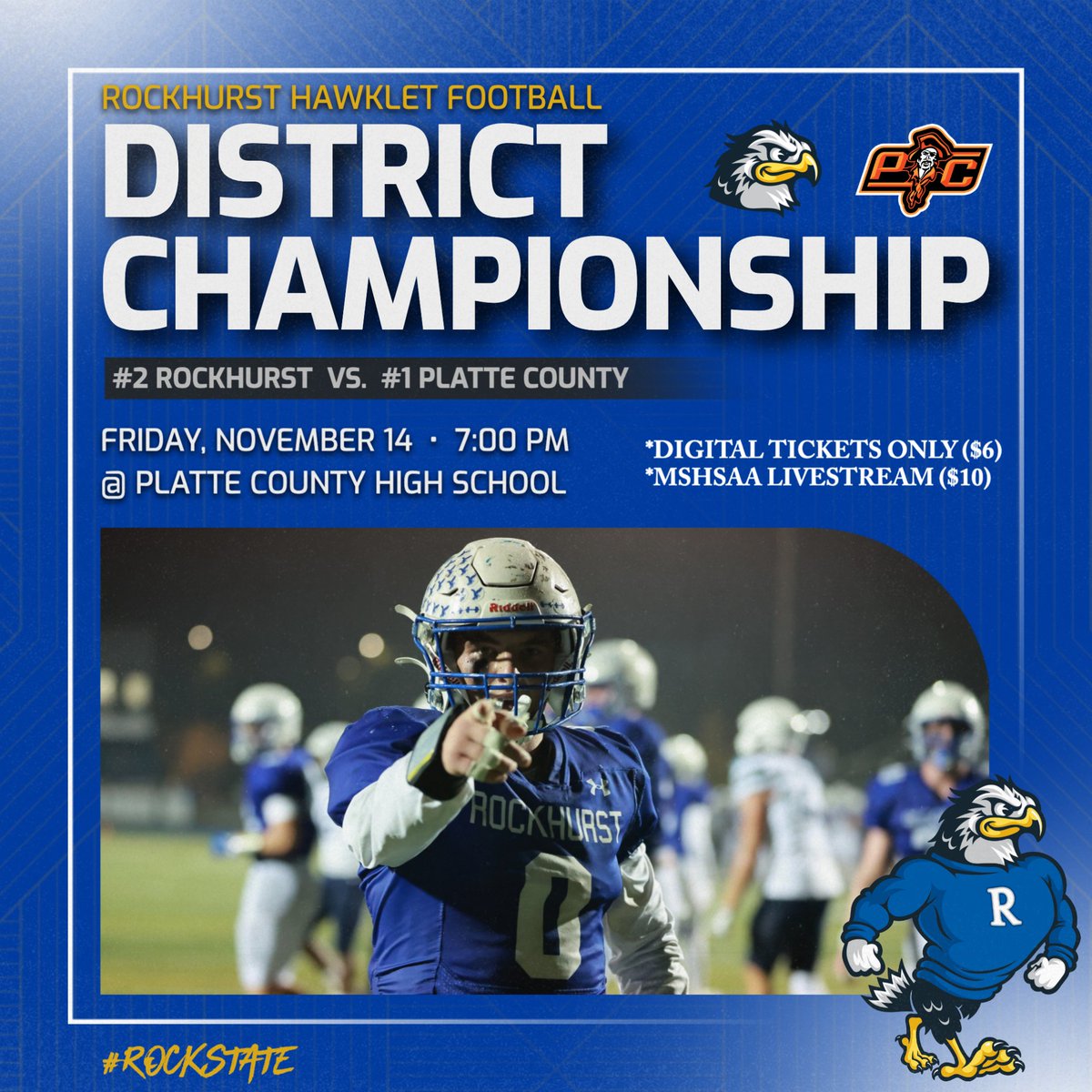 Rock Nation... we need YOU tomorrow night!

#2 Rockhurst (9-2) heads to #1 Platte County (10-0) as the Hawklets take on the defending Class 5 State Champs in the District Championship! It's the first-ever meeting between the two programs.
(1/2)