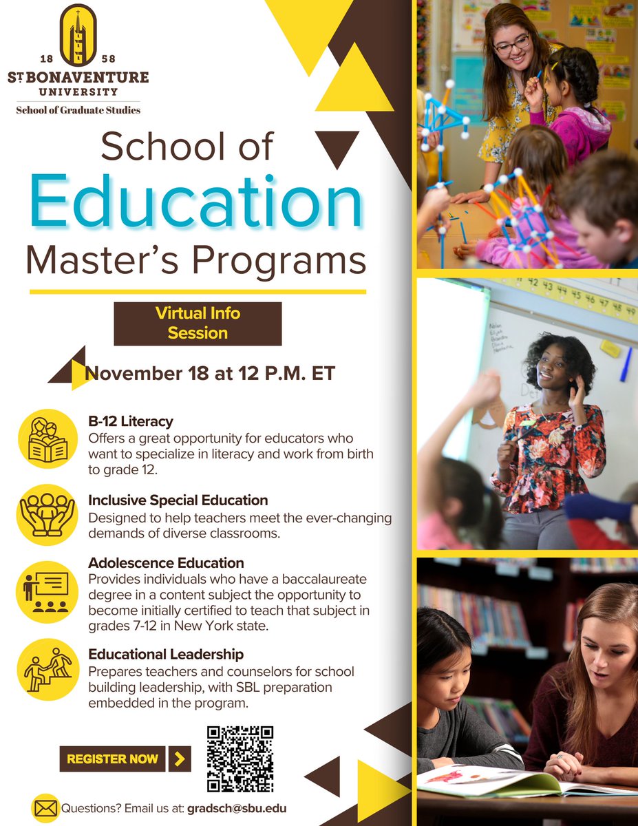 Join our Virtual Info Session on Nov. 18 at 12 P.M. ET to learn more about St. Bonaventure’s School of Education master’s programs, including Literacy, Inclusive Special Ed, Adolescence Education, and Educational Leadership.

📅 Register now: ow.ly/Zc3p50Xqbc3