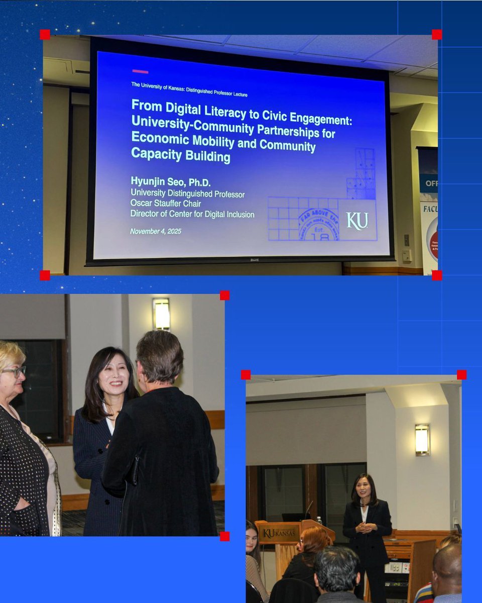 CDI Director, Dr. Hyunjin Seo, delivered her inaugural University Distinguished Professor Lecture, “From Digital Literacy to Civic Engagement: University-Community Partnerships for Economic Mobility and Community Capacity Building,” on November 4. Our team is so thankful! #KUCDI