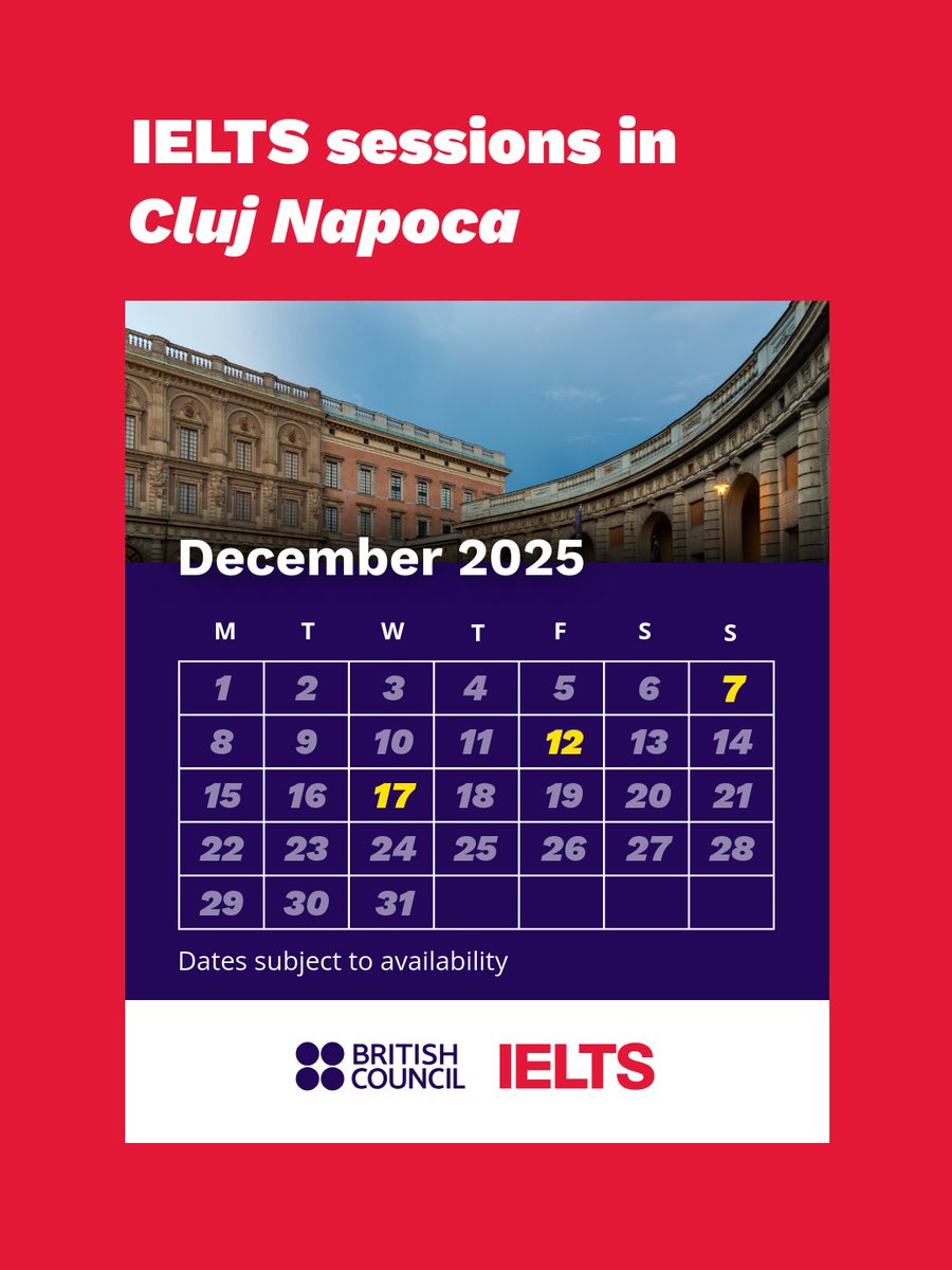 🎯 Ready to boost your IELTS score before 2026 begins? Take IELTS with us in Bucharest, Cluj-Napoca, or Iași! Spots fill fast — secure yours today and start your journey toward studying or working abroad! 🌍 ow.ly/r5mm50Xqbcx
#IELTSRomania