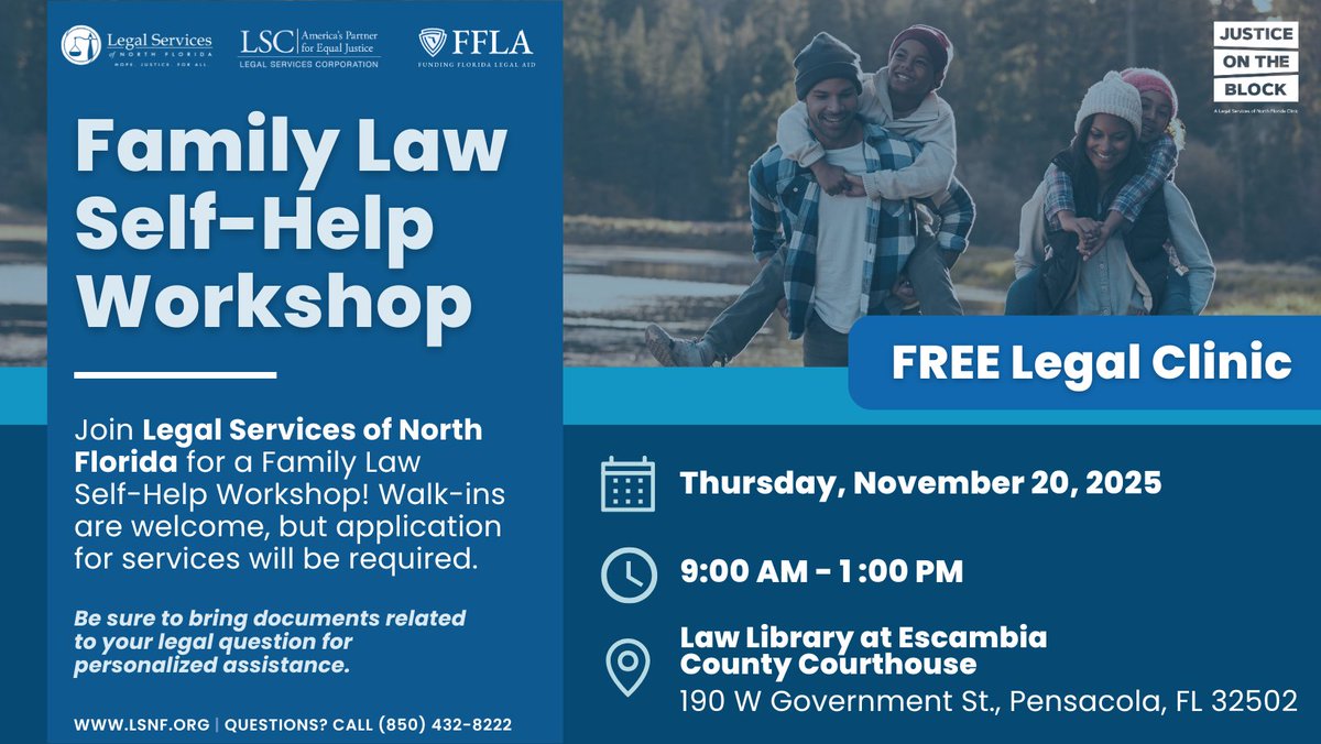 📣 ESCAMBIA COUNTY

Join us for a FREE Family Law Self-Help Workshop! Be sure to bring documents related to your legal question. 📄 📁 

📆 Thursday, November 20, 2025

⏰ 9 AM -1 PM CT

📍 Law Library at Escambia Co. Courthouse

More info: facebook.com/share/1G1bST3h…