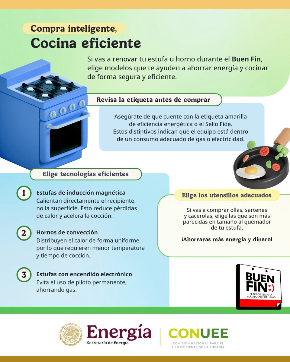 ¡Compra inteligente, cocina eficiente!
Si vas a renovar tu estufa u horno durante el #BuenFin, elige modelos que te ayuden a ahorrar energía y cocinar de forma segura y eficiente.

¡Ahorra energía y dinero! ⚡️💰

#CompraInteligente #EficienciaEnergética