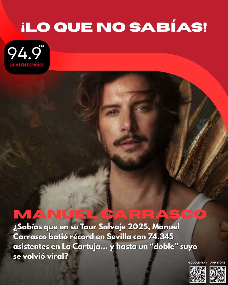 gitanaecuador's tweet image. 💡 ¿Sabías que en su Tour Salvaje 2025, Manuel Carrasco batió récord en Sevilla con 74.345 asistentes en La Cartuja… y hasta un “doble” suyo se volvió viral porque la gente lo confundió con el artista en la fila del concierto? 👀🔥 

❤️ Pídelo ahora en 94.9FM.
#ManuelCarrasco