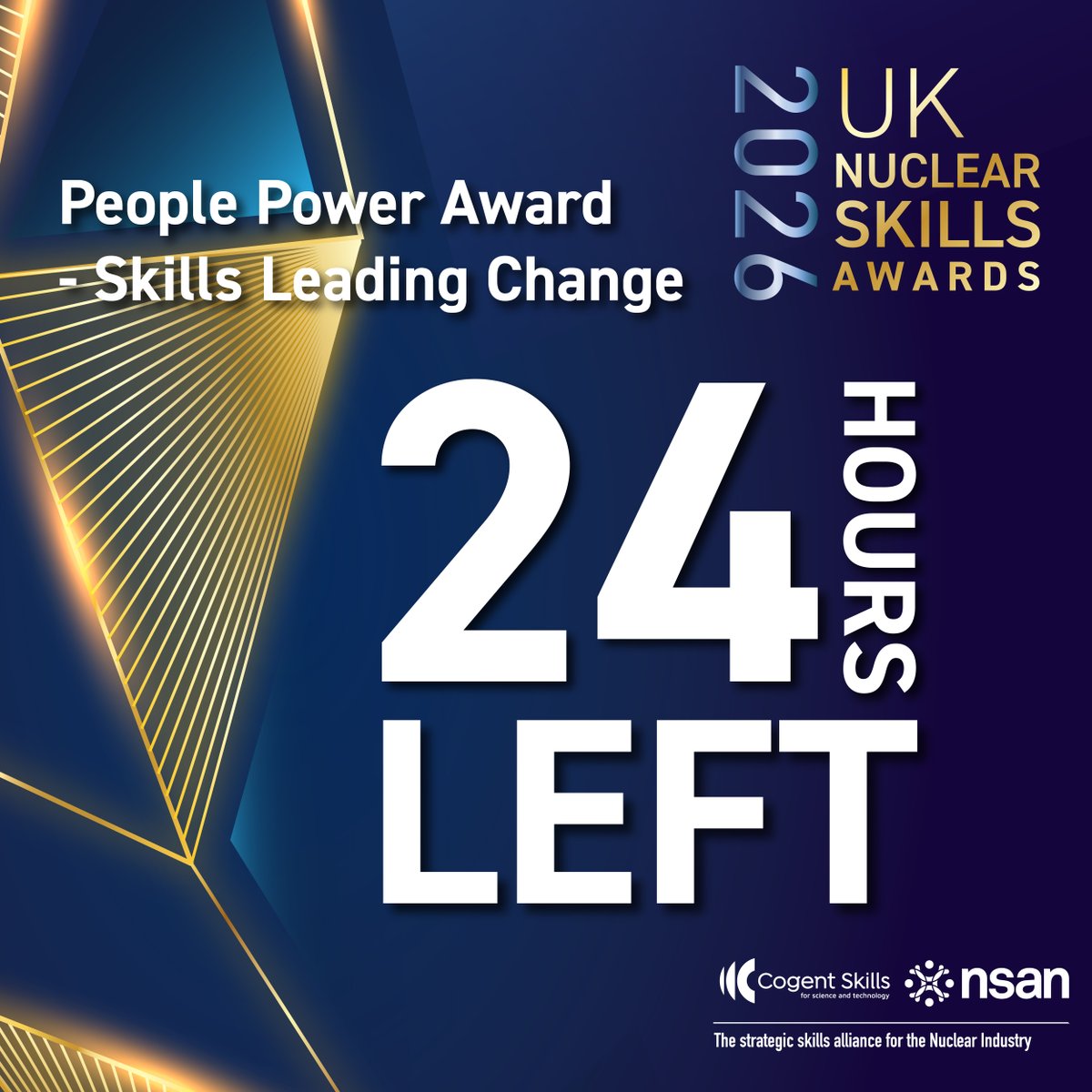 ❗ 24 Hours Left ❗

There are only 24 hours left to get your nominations for the brand-new People Power Award – Skills Leading Change in for the 2026 UK #NuclearSkillsAwards.

This is your chance to celebrate how your organisation is driving progress through people, skills, and
