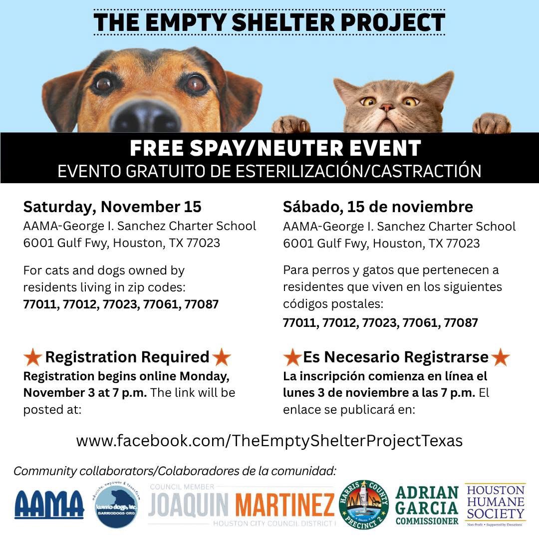 TwilaForHouston's tweet image. The Empty Shelter Project is hosting a free spay/neuter event this Saturday at AAMA–George I. Sanchez Charter School, and additional appointments have now been opened for pets from any ZIP code. Thank you to the Houston Humane Society, Barrio Dogs, and all the partners working…