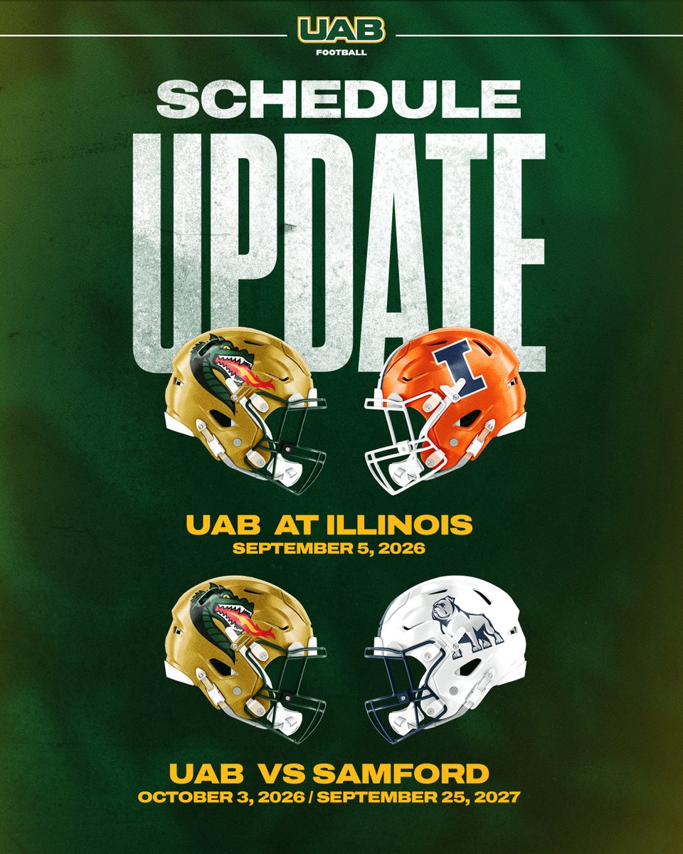UAB_FB's tweet image. 🚨 𝑭𝒖𝒕𝒖𝒓𝒆 𝑺𝒄𝒉𝒆𝒅𝒖𝒍𝒆 𝑨𝒅𝒅𝒊𝒕𝒊𝒐𝒏𝒔 🚨

UAB will open the 2026 season at Illinois, and will host Samford at Protective Stadium in both 2026 and 2027!

🔗: bit.ly/49NrCTt 

#WinAsOne