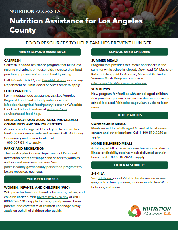 NLACRC's tweet image. Looking for ways to keep your family nourished? 🍎 Los Angeles County offers programs like CalFresh, summer meals for kids, and support for older adults. Explore local resources to make healthy meals possible. #FoodSupport #LACounty