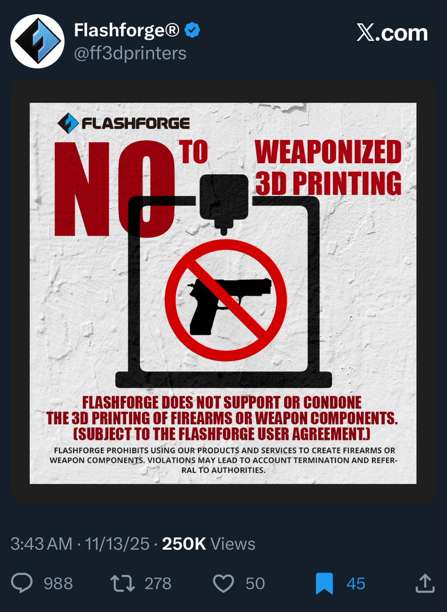 DylanLTanner's tweet image. I’ll take an unpopular stance on this:

Flashforge is probably doing the bare minimum to comply with the Manhattan DA’s threat letter.

They’re an overseas printer manufacturer. It isn’t worth it to them to take a libertarian stand and lose access to a big chunk of their market.…