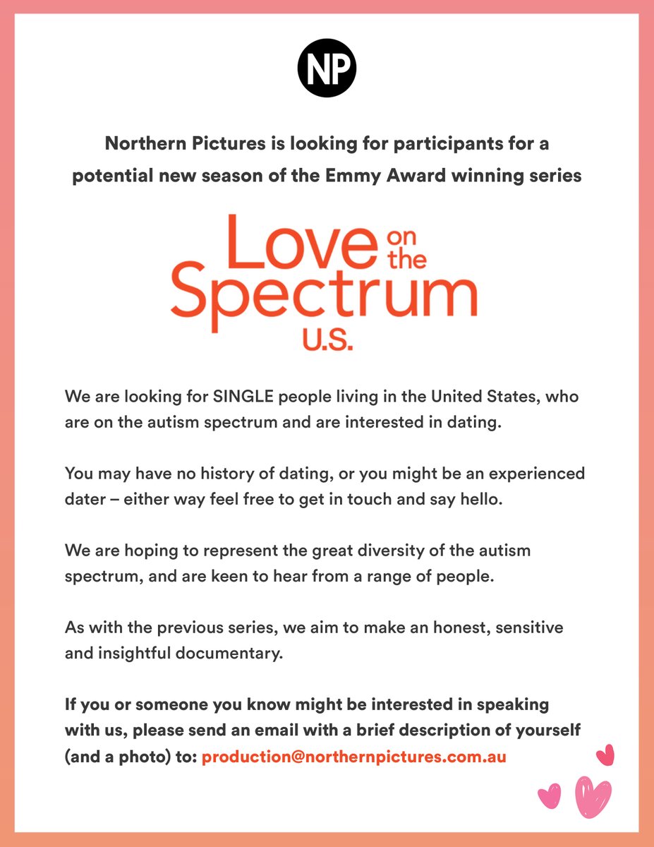 WWLinitiative's tweet photo. Northern Pictures is looking for participants for a
potential new season of the Emmy Award winning series: Love on the Spectrum U.S. 
Interested? Please send an email with a brief description of yourself &amp; a photo to: production@northernpictures.com.au https://t.co/YNXISieBoi