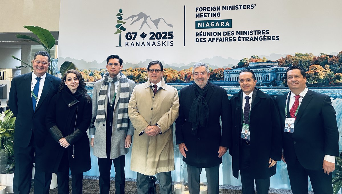 La Delegación de México 🇲🇽, encabezada por el canciller Juan Ramón de la Fuente, invitada a la Reunión de Ministros de Relaciones Exteriores del Grupo de los Siete (G-7) 🇩🇪🇨🇦🇺🇸🇫🇷🇮🇹🇯🇵🇬🇧, en Niágara, Ontario, 11 y 12 de noviembre de 2025. <a href="/SRE_mx/">Relaciones Exteriores</a>
