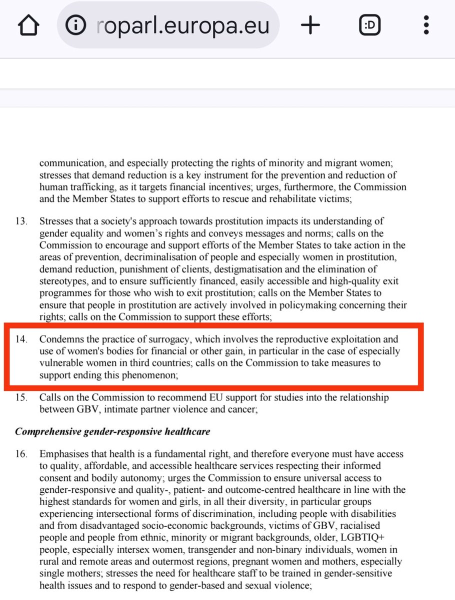 📢 📢📢
El Parlamento Europeo ha condenado hoy la #gestaciónsubrogada y hace un llamamiento para tomar medidas contra esta práctica que explota reproductivamente a las mujeres, sobre todo aquellas más vulnerables‼️💃

europarl.europa.eu/doceo/document…