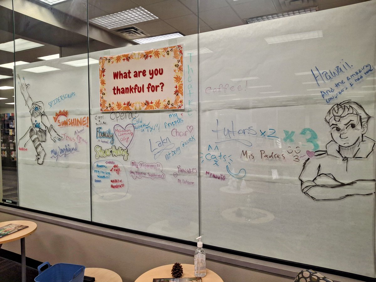MCC_Lib's tweet image. Yesterday we launched #WhiteboardWednesday! Stop by the LTC top floor to write (or draw!) what you&apos;re thankful for. New prompts will be posted every Wednesday! #McLennanCommunityCollege #MCCLibWaco #MCCLearningCommons #Thankful
