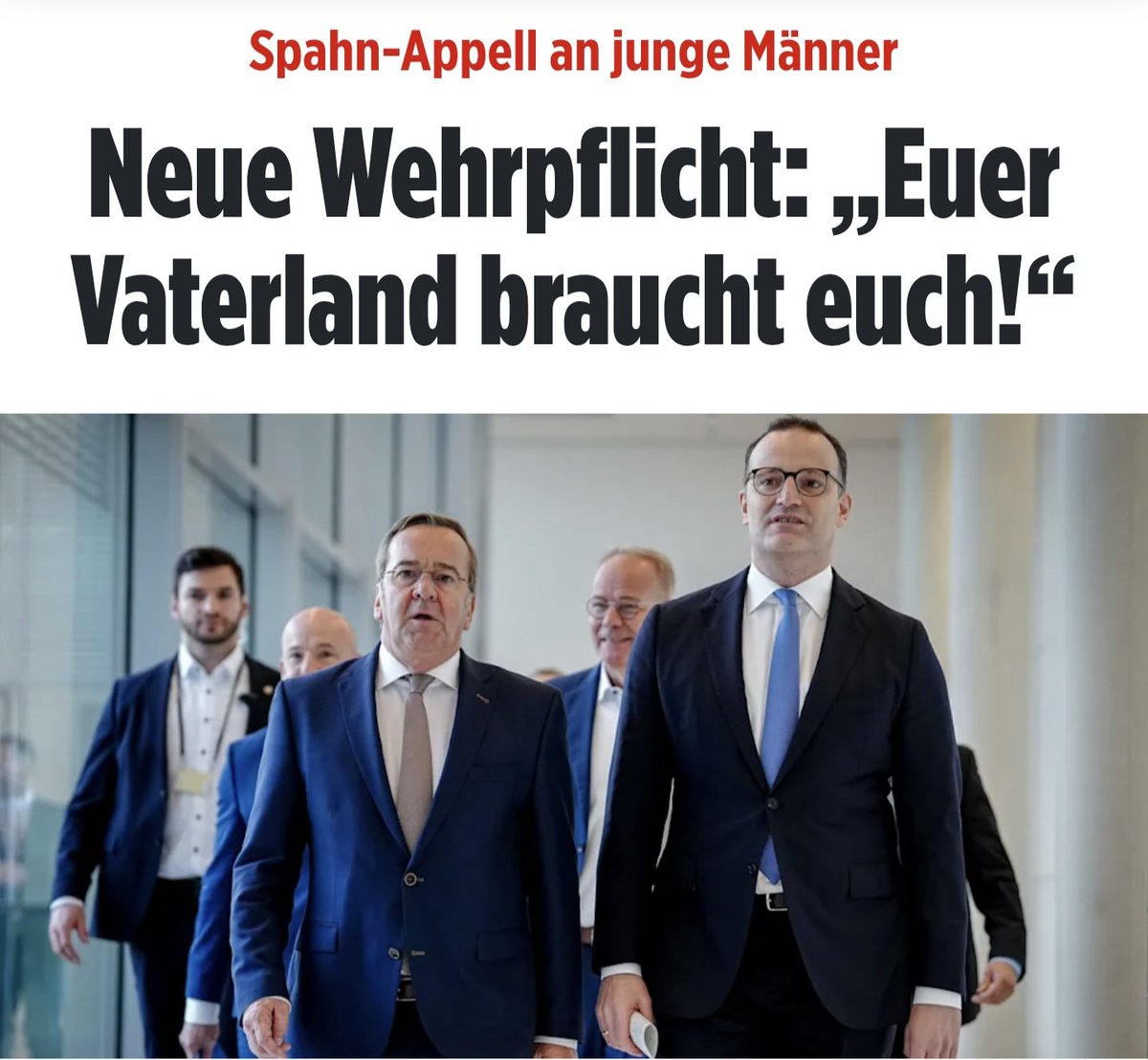 Spahn Apppell an junge Männer
"Euer Vaterland braucht euch!"

Für was? Um an der ukrainischen Front zu sterben, einen Krieg heraufzubeschwören oder dazu um unseren Politikern den Arsch zu retten?

bild.de/politik/inland…