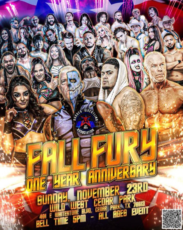 dustinrhodes's tweet photo. We are less than 2 weeks before our biggest show of the yr. One year anniversary show #FallFury2 Sunday November 23rd!!!
With legendary name such as the #WWE Hall Of Famer and current @AEW talent and badass @RealBillyGunn , future Bloodline member and the son of the late great #Umaga, @Zillafatu and world traveled #AEW STAR @DeonnaPurrazzo The Virtuoso!!!!
VIP-3:00pm
GM-4:00
SHOWTIME-5:00pm central in #CedarParkTx at #WildWest Country bar!!!
Please come join us for a great night og #prowrestling @RhodesWrestling style!!!!
TIX IN COMMENTS