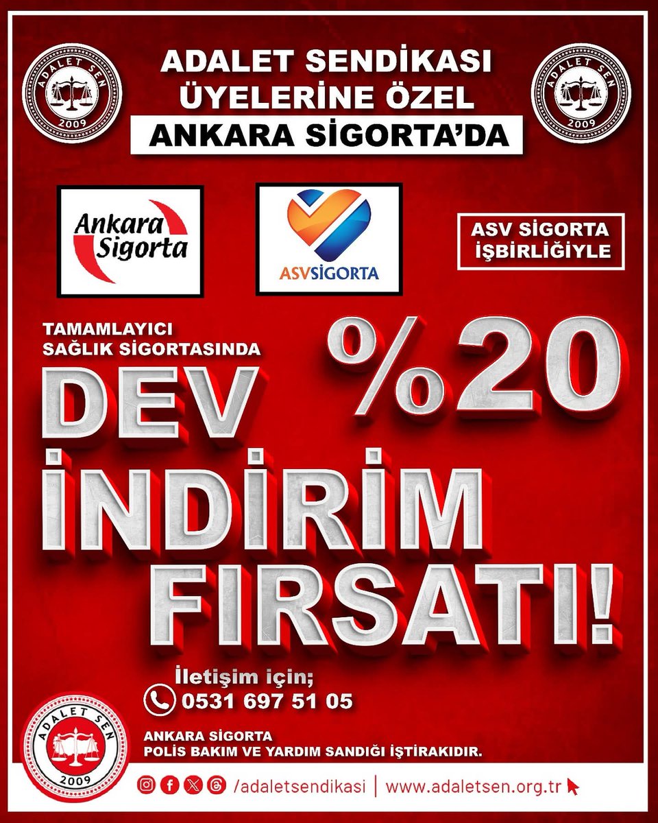 Adaletsenden 
üyelerine özel sağlık fırsatı!
Ankara Sigorta iş birliğiyle, Tamamlayıcı Sağlık Sigortası’nda %20 özel indirim kampanyası başladı.

Bu özel anlaşma sayesinde:
✅ Özel hastanelerde fark ücreti ödemeden sağlık hizmeti alabilir,
✅ Kendinizi ve ailenizi güvence +++