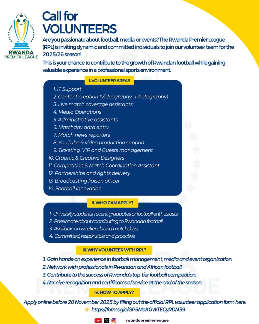 ⚽ Join the Team Behind the Game! <a href="/RwandaLeague/">Rwanda Premier League</a> is calling passionate volunteers to be part of our journey to level up Football in 🇷🇼🇷🇼

Join us. Build skills. Make impact. 💪

👉 Apply now docs.google.com/forms/d/e/1FAI…