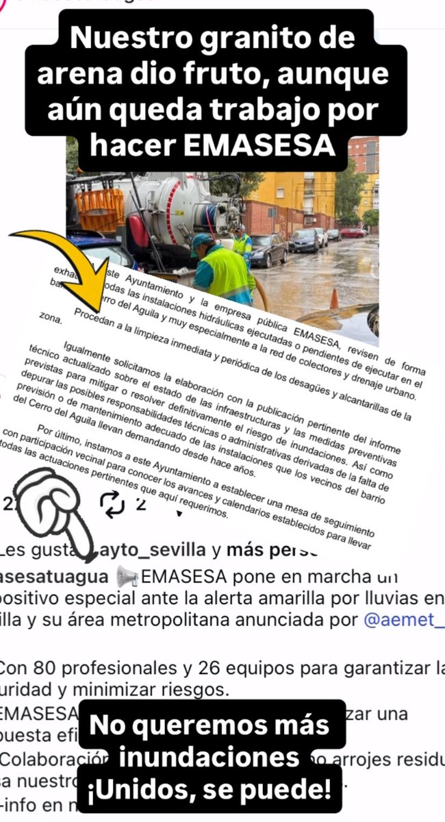 Un granito de arena que da fruto 🌿
Gracias <a href="/emasesa/">emasesa</a> por tu colaboración.
Pero aún queda mucho por hacer <a href="/Ayto_Sevilla/">Ayuntamiento de Sevilla</a> <a href="/pepelugomoreno/">José Lugo Moreno</a> <a href="/jlsanzalcalde/">José Luis Sanz</a> <a href="/DtoCerroAmate/">Distrito Cerro-Amate (Sevilla)</a> : seguimos esperando el informe técnico y la mesa vecinal.
No queremos más inundaciones.
¡Unidos hacemos barrio!💪