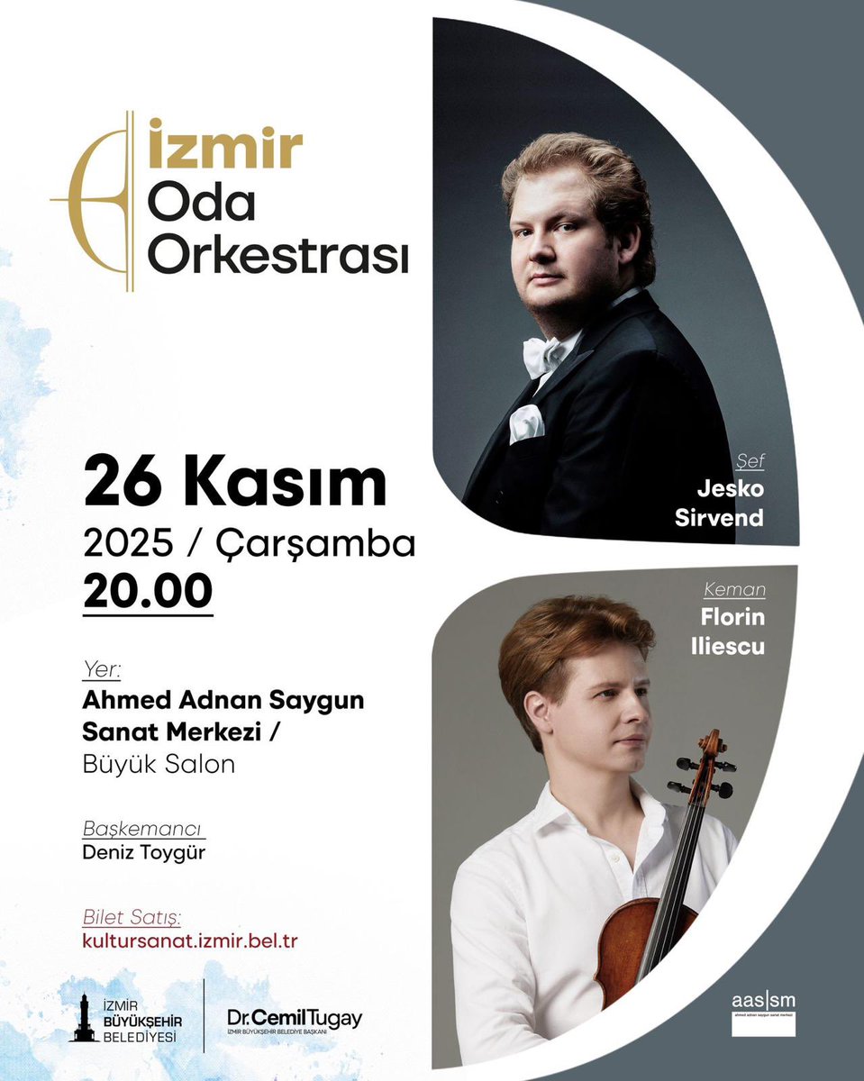 İzmir Oda Orkestrası, 26 Kasım 20.00’de sizlerle!
Florin Iliescu Wieniawski &amp; Ysaye çalıyor; ikinci yarıda Jesko Sirvend yönetiminde Milhaud Le Boeuf sur le Toit ve Mendelssohn “İtalyan” Senfoni!

🎫 Biletler: kultursanatbilet.izmir.bel.tr