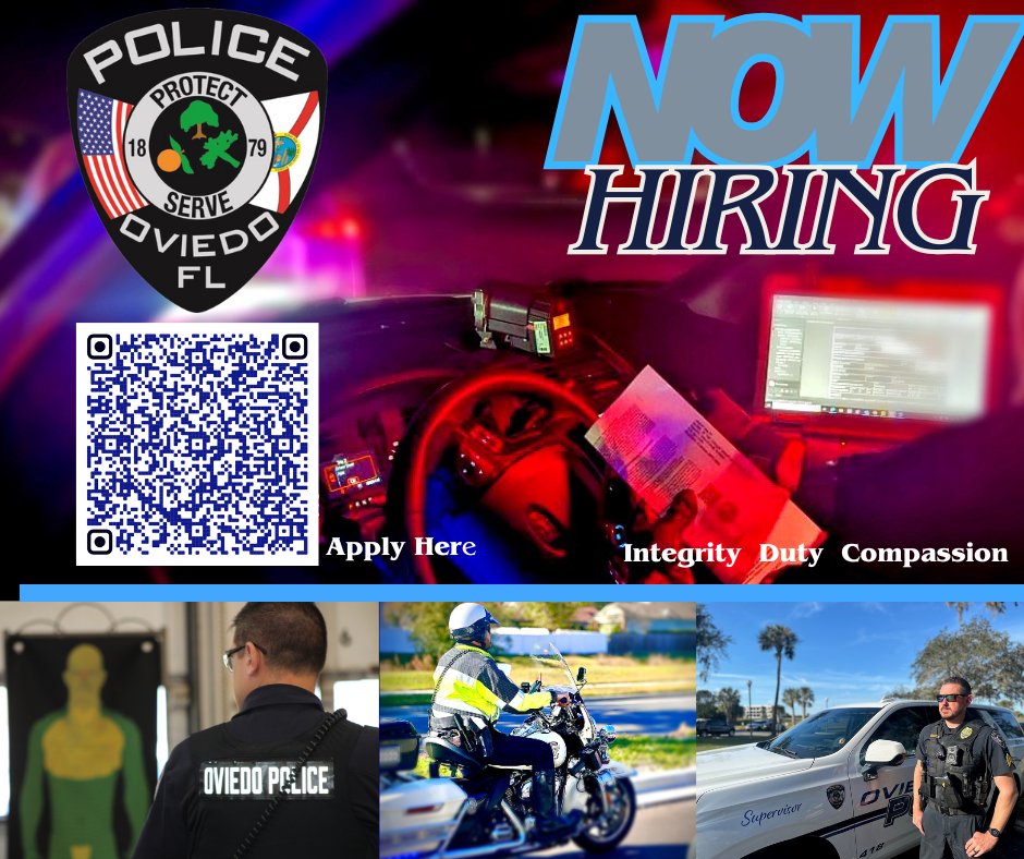 OviedoPD's tweet image. We are hiring! When we’re Stronger Together, so is our community. Great benefits, pension &amp;amp; growth. Sign-on Bonus.  To Apply:  tinyurl.com/jc48uzn7
Please fill out all the information completely to be considered. #PoliceOfficer #PoliceWork @SeminoleState #LawEnforcement