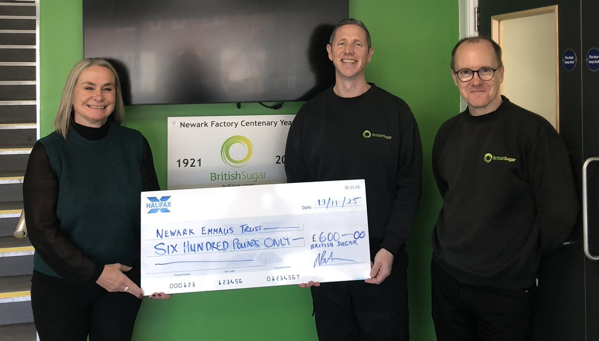 It was so lovely to meet our friends and supporters <a href="/BritishSugar/">British Sugar</a> They have supported <a href="/newarkemmaus/">Newark Emmaus Trust</a> for many years with donations and voluntary work for our residents so it was a pleasure to accept a cheque today from the 600 days injury free scheme, from Martin and Graham❤️