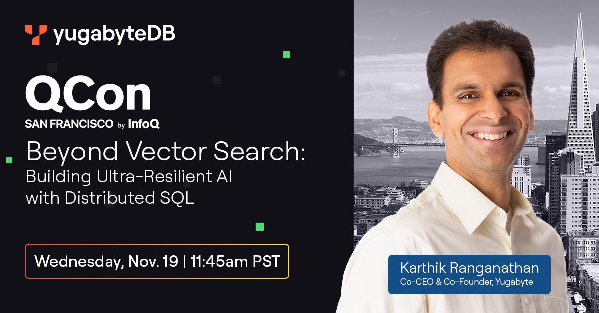 Yugabyte's tweet image. Join the @Yugabyte team at @QConSF next week, and learn what’s next in software innovation.💪

Visit our experts at the Yugabyte booth, win cool prizes, and discover how #YugabyteDB delivers #scalable, #resilient, and #AI-ready architecture to help global enterprises deliver…