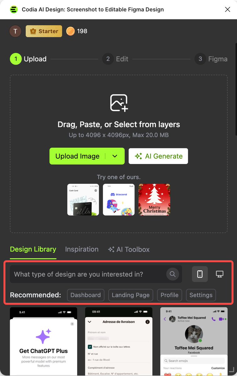 codia_d2c's tweet image. Codia AI Design: Screenshot to Editable Figma Design has launched a UI element search function. What type of design are you interested in?