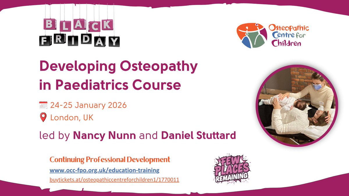 Develop your Osteopathy in Paediatrics and benefit from our Black Friday deal!

Book your ticket here: buytickets.at/osteopathiccen…

We look forward to seeing you there!

#ProfessionalDevelopment #Paediatrics #Osteopathy #osteopathylove #osteopathyforchildren #osteopathyforhealth