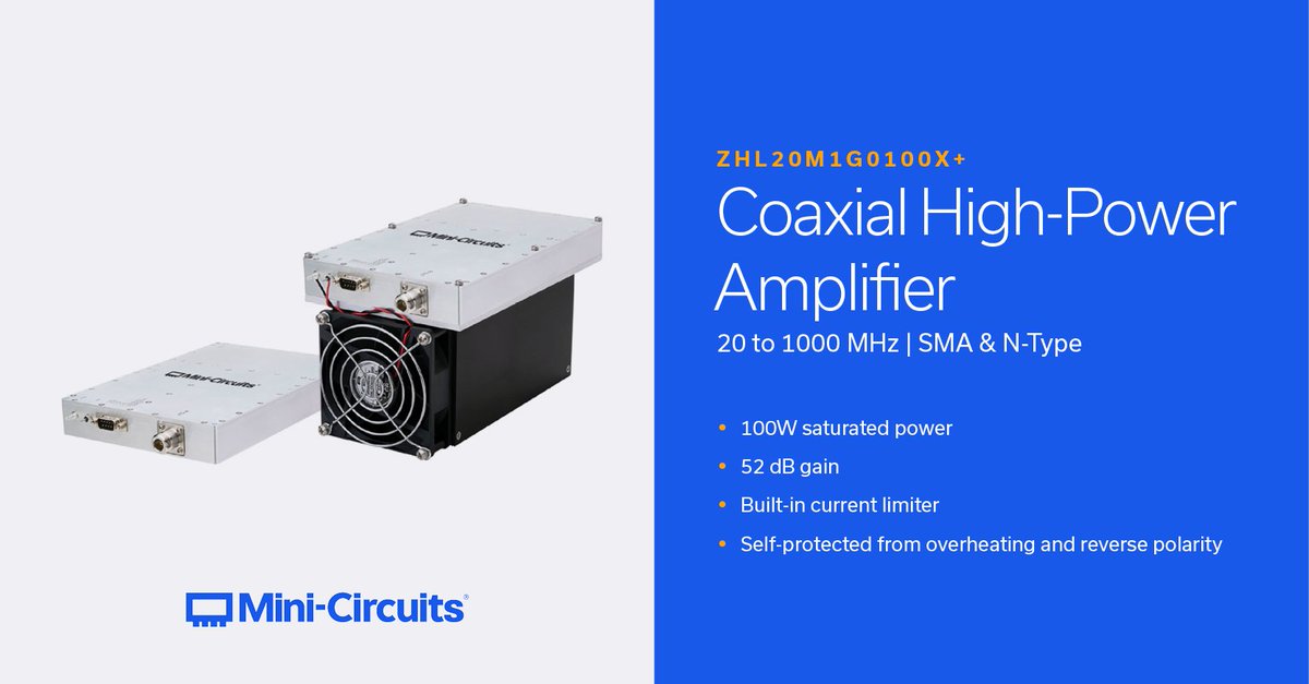 MiniCircuits's tweet image. ZHL20M1G0100X+ is a Class AB, high-power amplifier providing typically 100W saturated power over the 20 to 1000 MHz band, ideal for a variety of high-power test setups and applications including communications, radar and more.
hubs.ly/Q03Nyjss0

#rf #engineering #technology