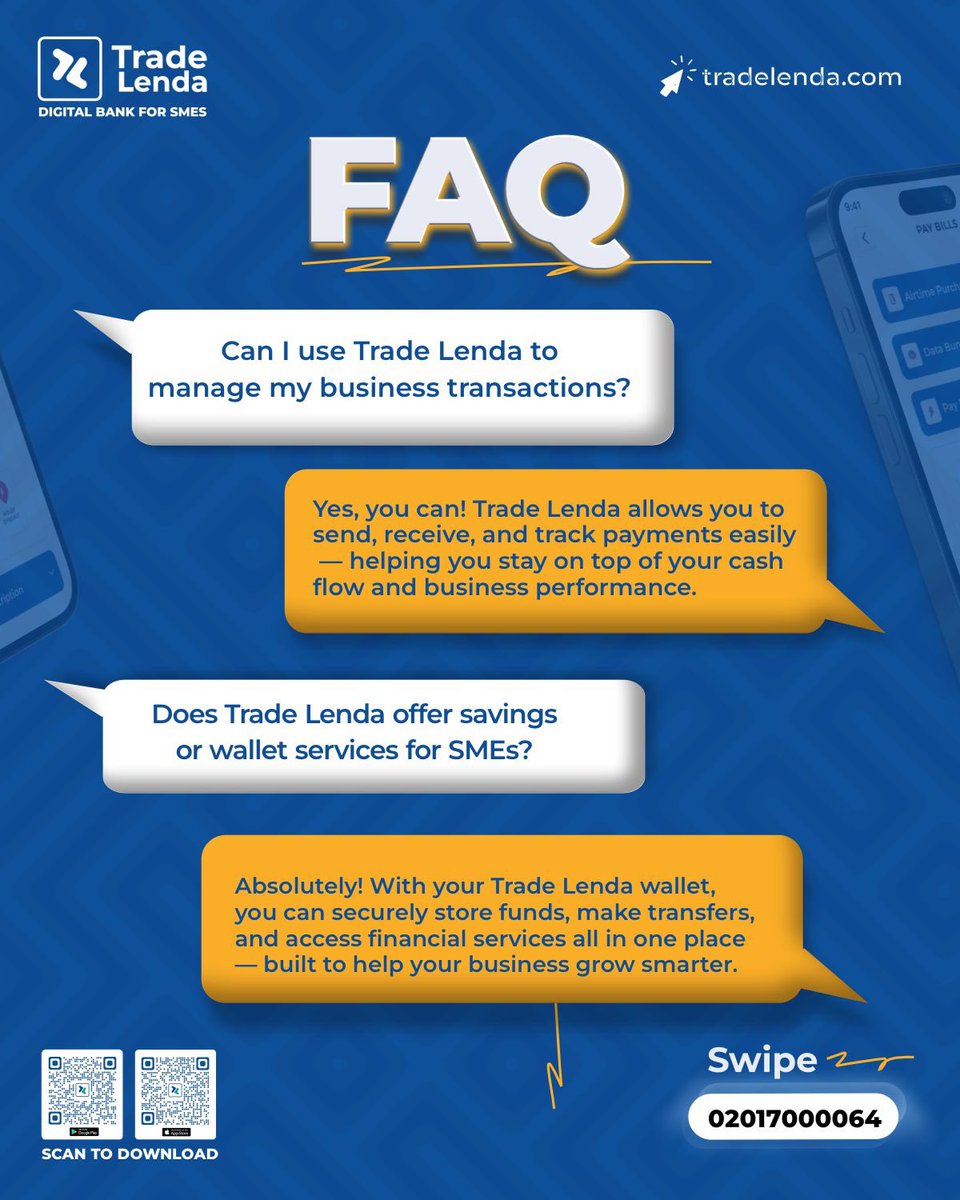 TradeLenda's tweet photo. Got questions about Trade Lenda? We’ve got answers!

Swipe to learn how we help SMEs thrive every day. 

#TradeLenda #SMEGrowth #DigitalBank #SMECommunity #BusinessMadeEasy #SmartBanking #EntrepreneurSupport #GrowWithTradeLenda #FinanceSimplified #SmallBusinessNigeria https://t.co/qkPoA0iy0N