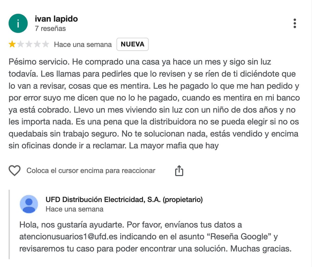 Creo que jamás he usado Twitter para quejarme de una empresa, pero es que lo de UFD (la distribuidora de <a href="/NaturgyClientEs/">NaturgyClientES</a>) es increíble y denunciable a <a href="/consumidores/">OCU</a> <a href="/consumomadrid/">ConsumoMadrid</a> <a href="/minturgob/">Ministerio de Industria y Turismo</a> . 

Para dar de alta un suministro de electricidad (servicio esencial, del que gozan